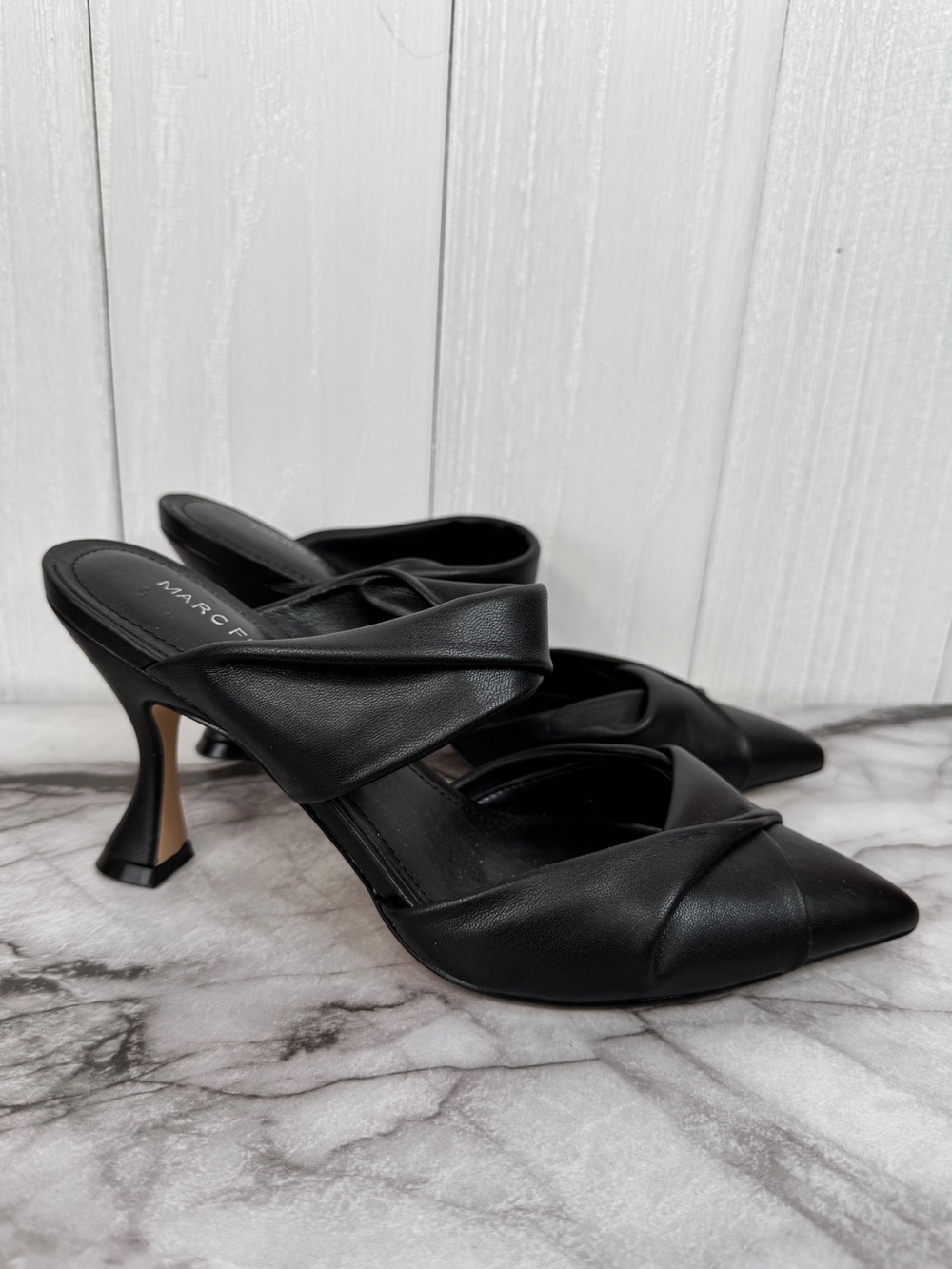 Marc Fisher Heaton Black Pointed Toe Twist Strap Mule Heels 8.5